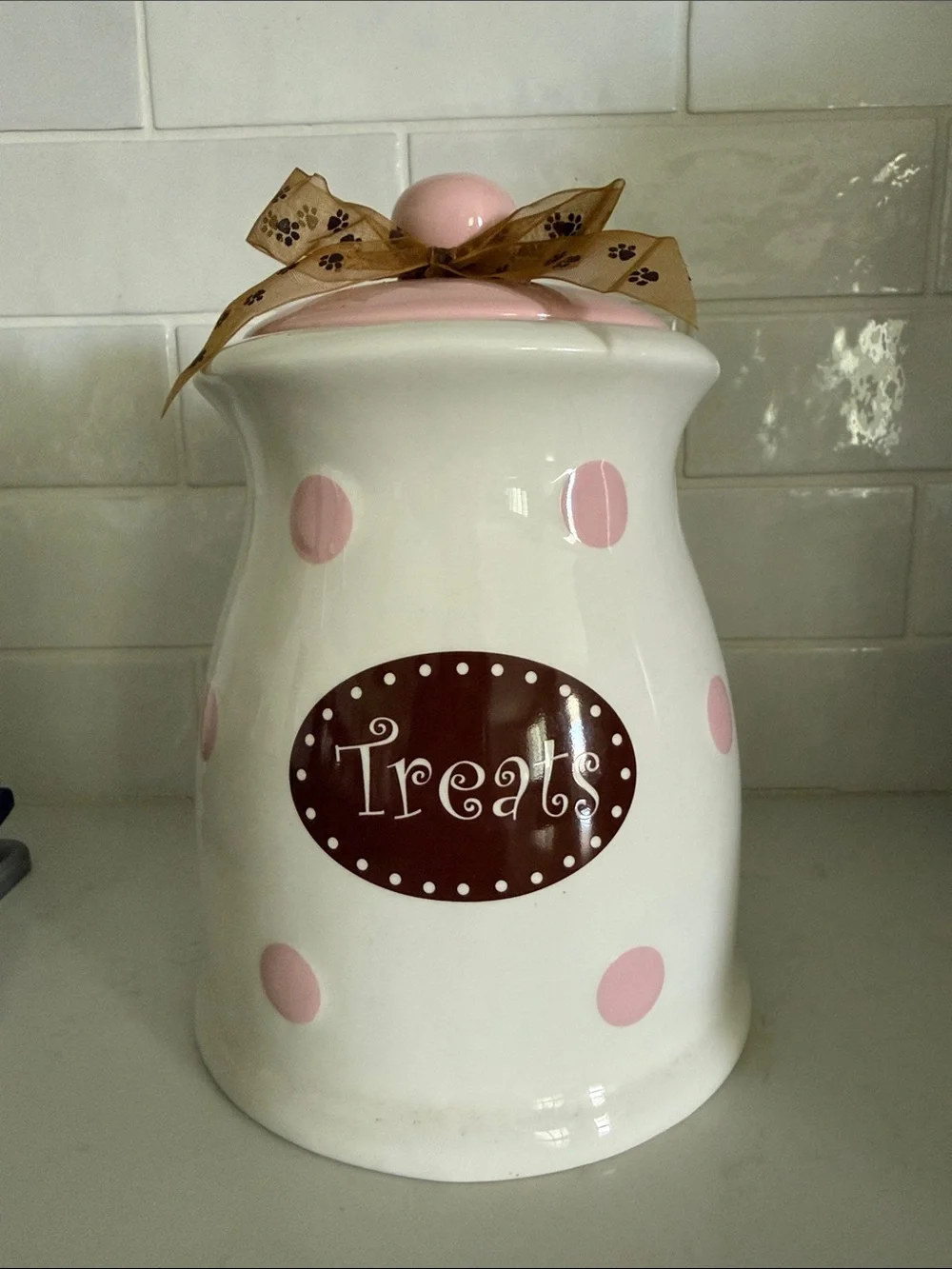 White and Pink Polka Dot Ceramic Dog Treats Canister